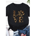 Simple Lovely Girls Rolled Short Sleeve Crew Neck Letter LOVE Leopard Print Slim Fit T Shirt