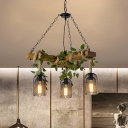3 Bulbs Pendant Chandelier Wood Warehouse Bistro Plant Suspension Light with Dual Mesh Bell Shade