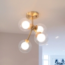 4-Bulb Bedroom Ceiling Lamp Postmodern Brass Semi Flush Light with Dual Clear and White Glass Shade