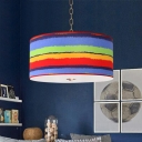 Striped Fabric Drum Pendant Lamp Kids 1-Light Red and Blue Hanging Light Fixture