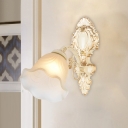 Single-Bulb Wall Light Fixture Cottage Bedside Sconce Light with Floral Frosted Glass Shade in Beige