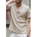Guys Leisure Short Sleeve Stand Collar Button Up Flap Pocket Solid Color Slit Sides Relaxed Shirt