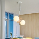White Frosted Glass Ball Hanging Chandelier Modernist 2/3 Heads Wood Ceiling Pendant Lamp with Vertical Branch Rod