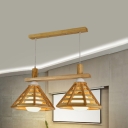 2 Bulbs Living Room Multi Pendant Modernist Beige Suspension Light with Polygon Cage Wood Shade