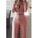 Edgy Ladies Solid Color Long Sleeve Square Neck Button Down Knitted Fit Crop Tee & Long Straight Pants Set