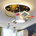 Metal Satellite and Astronaut Flushmount Cartoon LED Flush Mounted Lamp Fixture in Nickel