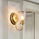 Brass Swoop Arm Wall Light Vintage Metal 1 Head Living Room Sconce with Bell Glass Shade