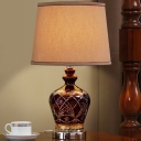 Rustic Carved Jar Night Light 1 Head Ceramic Table Lamp in Brown with Drum Fabric Shade