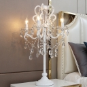 White 4 Heads Night Lamp Baroque K9 Crystal Strand Candle Table Light with Scroll Arm for Bedside