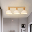 Wood Domed Semi Flush Mount Modern 3 Heads White Glass Ceiling Flush with Linear Design
