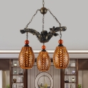 3 Lights Chandelier Light Country Elongated Dome Wood Pendant Lamp in Brown with Resin Branch Beam
