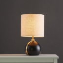 Fabric Cylindrical Night Light Minimalism 1-Head Flaxen Nightstand Lamp with Globe Metal Base