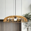 Wood Flat Bowl Frame Pendant Asia-Style 1 Head Beige Hanging Ceiling Light for Foyer