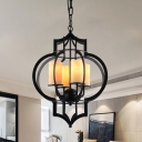 Black Lantern Cage Pendant Chandelier Retro Iron 4-Bulb Bedroom Ceiling Suspension Lamp with Inner Pillar Shade