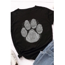 Stylish Ladies Rolled Short Sleeve Crew Neck Footprint Printed Slim Fit T Shirt