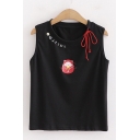 Vintage Japanese Letter Cat Graphic Bow Tie Round Neck Loose Fit Tank Top for Ladies