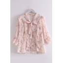 Gorgeous Ladies Ditsy Floral Print Bell Sleeves Bow Tie Neck Ruffled Trim Pearl Button down Loose Fit Blouse in Pink