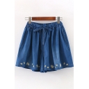 Fancy Daisy Floral Embroidered Drawstring Waist Bleach Relaxed Wide-Leg Denim Culotte Shorts for Girls