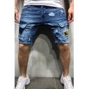 Chic Mens Mid Rise Flap Pockets Letter NO.1 Embroidered Ripped Bleach Fit Denim Shorts