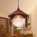 Classic Globe Pendant Light 1 Head Clear Crackle Glass Ceiling Fixture in Brown with Conical Wood Shade