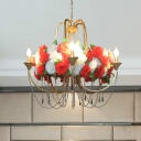 Gold Candle Chandelier Pendant Light Farm Iron 5 Heads Restaurant Flower Hanging Lamp with Crystal Accent