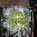 5-Light Round Cage Chandelier Lamp Industrial Green Iron Hanging Ceiling Light with Plant Decor