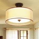 3/5 Heads Fabric Semi Flush Light Fixture Vintage Black Drum Bedroom Close to Ceiling Lamp, 16