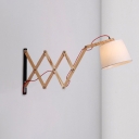Barrel Fabric Wall Mount Light Modernist 1 Head White Sconce Lamp with Wood Expansion Arm