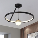 Aluminum Hoop Ceiling Light Simplicity Black LED Semi Flush Mount Lamp with Dangling Ball Acrylic Shade