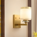 Cylinder Bedside Wall Lamp Traditional Milk Glass 1 Head Brass Sconce Lighting with Ornate Oriental Trim