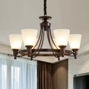 6/8-Bulb Pendant Chandelier Vintage Cone Frosted White Glass Suspension Light in Black with Ring Design