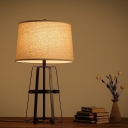 Fabric Brown Table Lighting Drum 1-Light Rustic Night Lamp with Open Pyramid Base