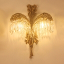 2 Lights Wall Sconce Lighting Traditional Coconut Palm Shape Metallic Wall Mount Lamp in Brass with Crystal Drop