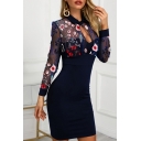 Vintage Sexy Womens Long Sleeve Keyhole Neck Floral Embroidery Sheer Mesh Patched Short Fitted Pencil Dress in Navy