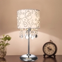 Single Barrel Shade Table Lamp Vintage Nickel Scroll Pattern Fabric Nightstand Lighting with K9 Crystal Draping