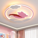 Flying Pig Bedroom Flushmount Acrylic LED Cartoon Ceiling Mounted Fixture in Pink, Warm/White Light