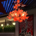 Iron Round Cage Chandelier Industrial 5 Heads Restaurant Pendant Light Fixture with Red/Pink/Orange Leaf/Flower Decor