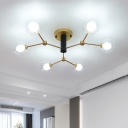 Branchlet Semi Flush Mount Chandelier Postmodern Iron 6 Lights Gold Ceiling Fixture with Double Orb Glass Shade