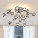 Draping/Molecular Semi Flush Mount Contemporary Smoke Glass 9/20-Bulb Chrome Ceiling Light for Bedroom
