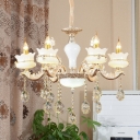White Glass Gold Chandelier Candle 6/8 Bulbs Modern Pendant Light with Dangling Crystal