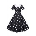 Party Girls Polka Dot Pattern Short Sleeve Point Collar Midi Pleated Swing Dress