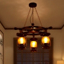 Yellow Glass Kerosene Ceiling Chandelier Vintage 3-Head Bedroom Suspension Pendant in Copper with Wood Rudder Deco