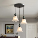 Vintage Floral Multi Light Pendant 3 Lights Ribbed Glass Hanging Ceiling Lamp in Black with Linear/Round Canopy