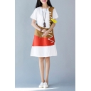 Popular Womens Short Sleeve Round Neck Chevron Print Colorblocked Linen Mid A-Line Dress