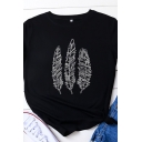 Popular Womens Rolled Short Sleeve Crew Neck Feather Printed Slim Fit Tee Top