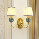 1/2-Bulb Wall Sconce Traditional Bedroom Wall Lighting with Barrel White Fabric Shade in Brass