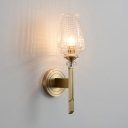 1 Bulb Bedside Wall Light Sconce Post Modern Brass Finish Wall Mounted Lamp with Cup Clear Ribbed Glass Shade