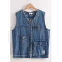 Cool Womens Blue Sleeveless V-Neck Button Down Flap Pockets Utility Relaxed Fit Denim Waistcoat