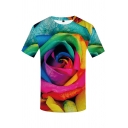 Trendy Boys Short Sleeve Crew Neck 3D Flower Printed Fitted Colorful Tee Top
