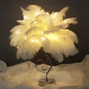Modern Nordic Feather Night Table Light Fur LED Bedside Nightstand Lamp in White/Pink with Crystal Droplet